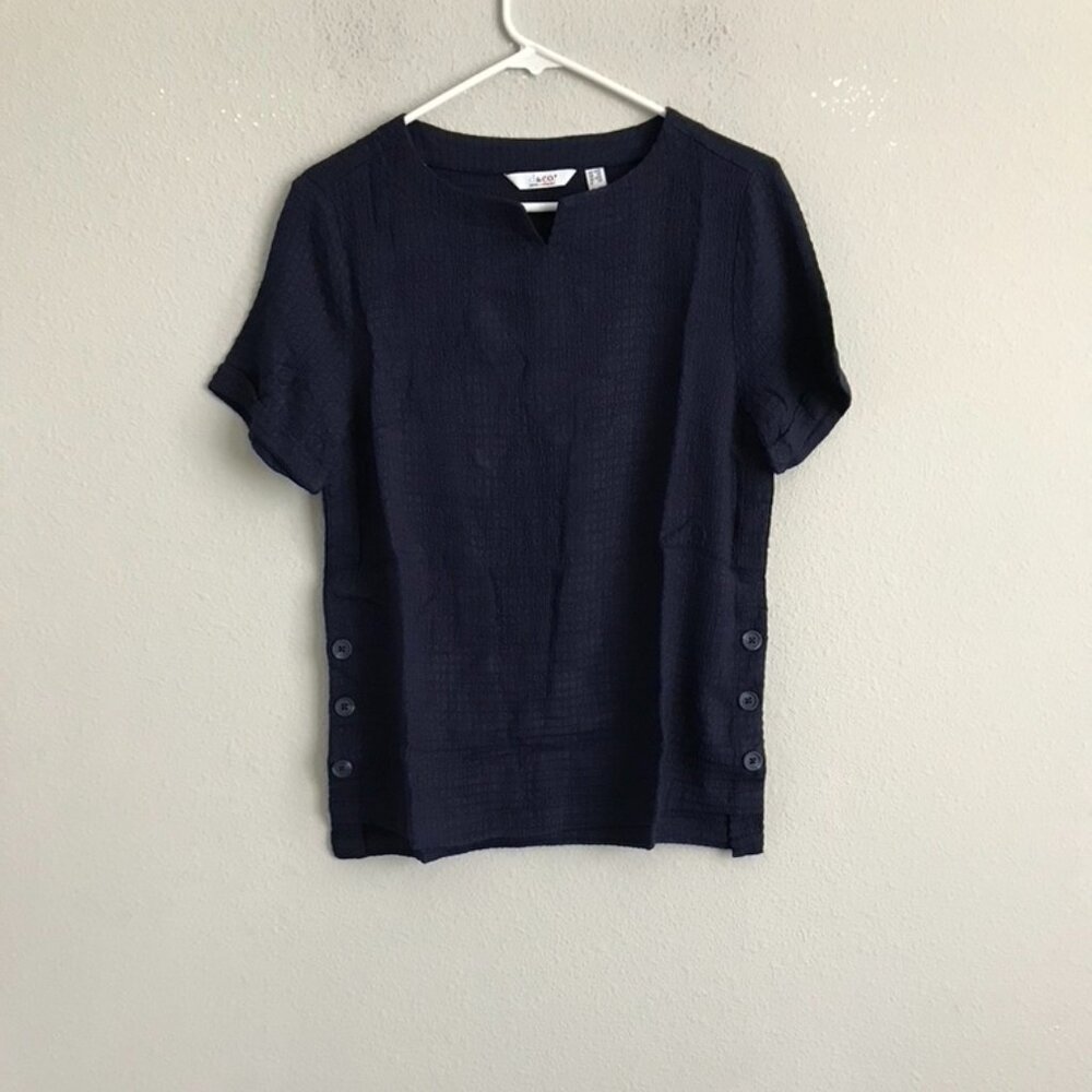 Denim & Co. Short-Sleeve Side-Button Step Hem Top - Navy (Sz XXS) a473320